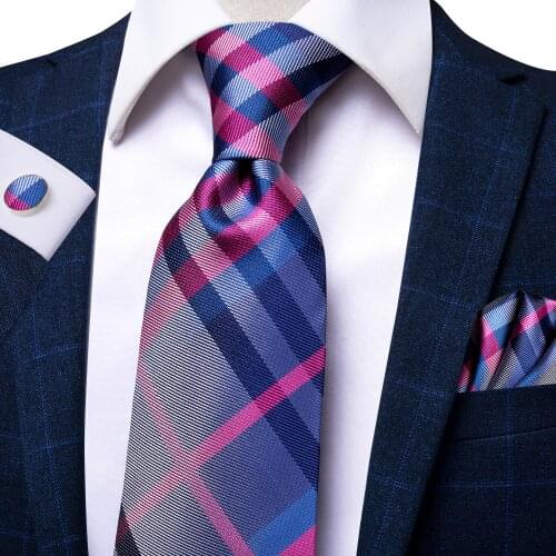 Hi-Tie Purple Plaid Large Mens Tie Set Luxury Blue Silk Ties For Men Fashion Design Hanky Cufflinks Set Wedding Quality Necktie