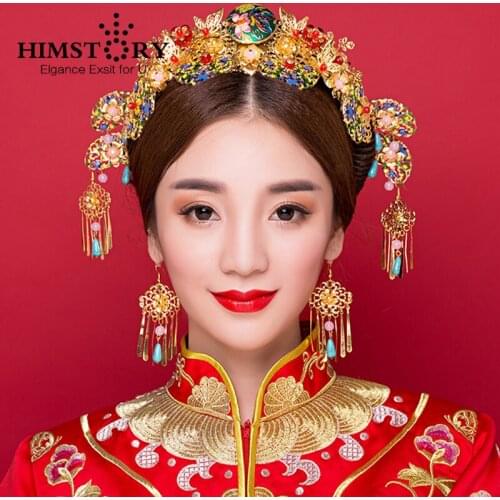 HIMSTORY Chinese Style Bride Costume Hair Accessory Traditional Headdress Flowers Crystal Beads Hairpins Hair Accessory Set