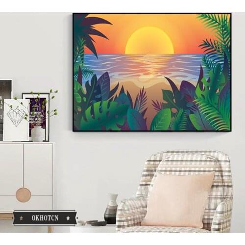 Cartoon Seaside Sunrise Landscape Posters and Prints Nordic Green Plant Leaf Canvas Paintings Wall Art Picture for Living Room