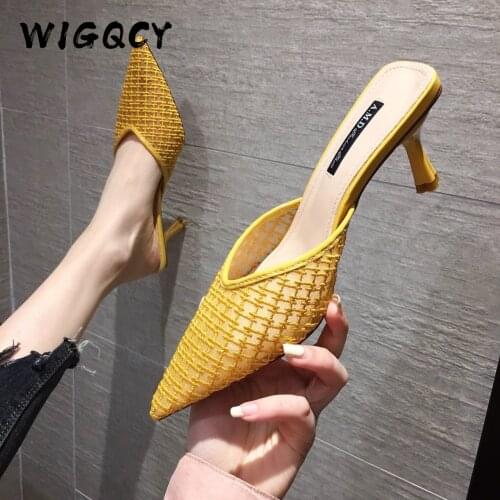 Mesh Slippers Women New Summer Shoes Women Fashion Knitted Elastic Pointed Slides Spike Heels Beige Mules Shoes High Heels