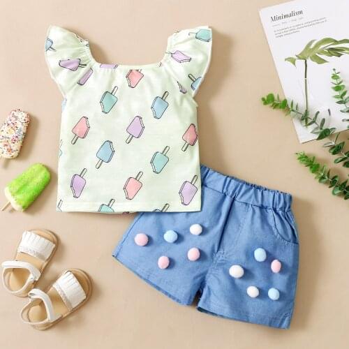 Toddler Kids baby girl clothes Ruffle Ice Cream Print T Shirt Tops +Cute Denim Shorts Outfits girl sets одежда для девочек