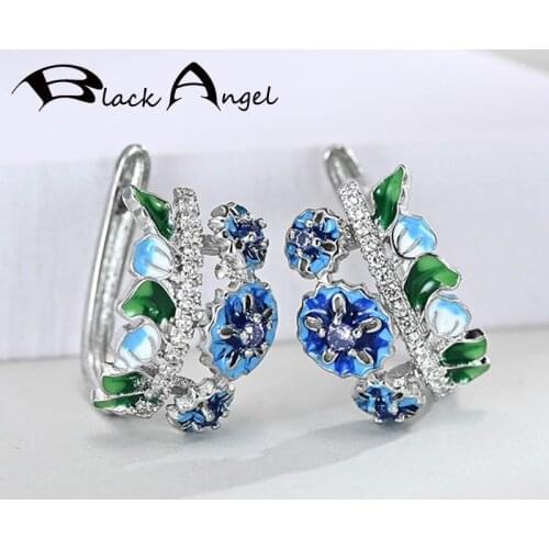 BLACK ANGEL Fashion Blue Enamel Three Flowers 925 Silver CZ Gemstone Wedding Clip Earrings 2020 New Jewelry Wholesale