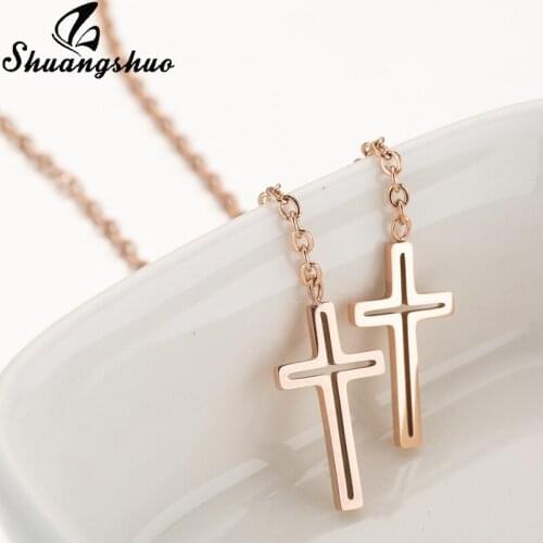 Shuangshuo Cross Dangle Earrings for Women Tiny Stainless Steel Cross Drop Earring Long Chain Ear Jewelry Valentines Day Gifts