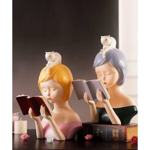 Nordic Ins Cute Reading Girl Resin Ornament Decoration Home Livingroom Desk Figurine Crafts Kids Study Statue Office Accessories