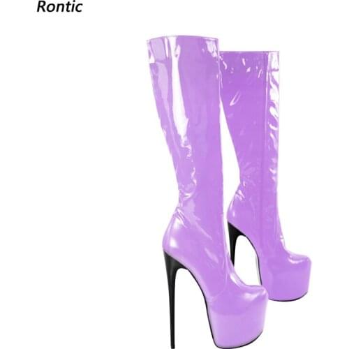 Rontic Handmade Women Winter Shiny Knee Boots Unisex Sexy Stiletto Heels Round Toe Gorgeous Viole Red Dress Shoes Us Size 5-20