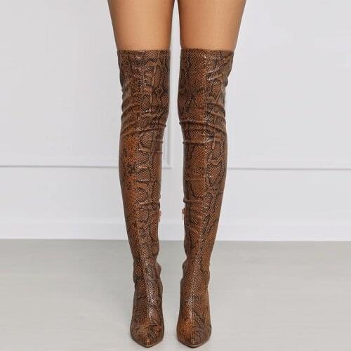 Khaki dark brown leopard print women over the knee womens boots fashion pointed toe women pu stretch women over the knee boots