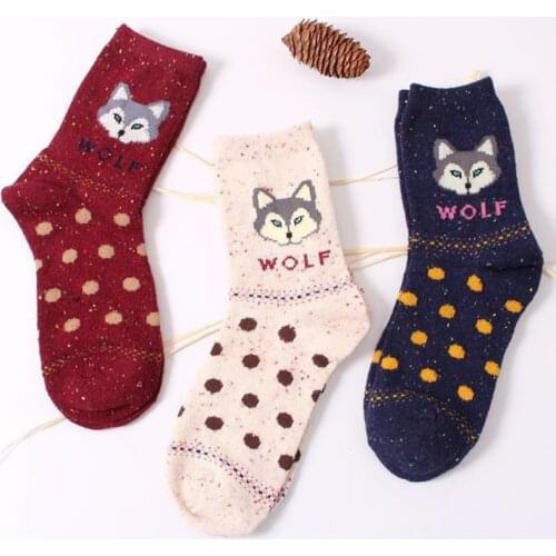 Women Vintage Socks Brand Retro Animals Patterns Wool Socks Autumn Winter Cute Cartoon Fox Owl Warm Cotton Socks Christmas Gift