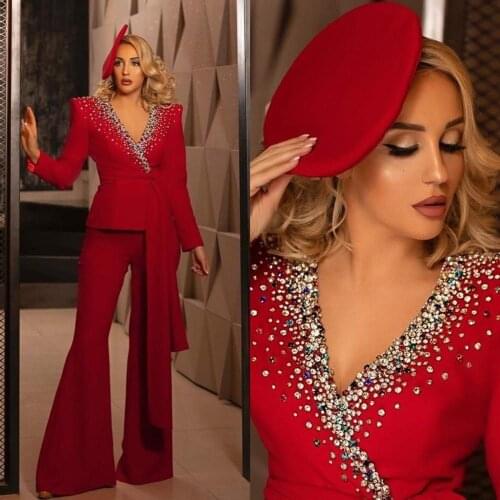 Two Pieces Pant Suit Women Satin Prom Dresses Long Sleeves V Neck Crystal Sequined Evening Gowns vestido de novia