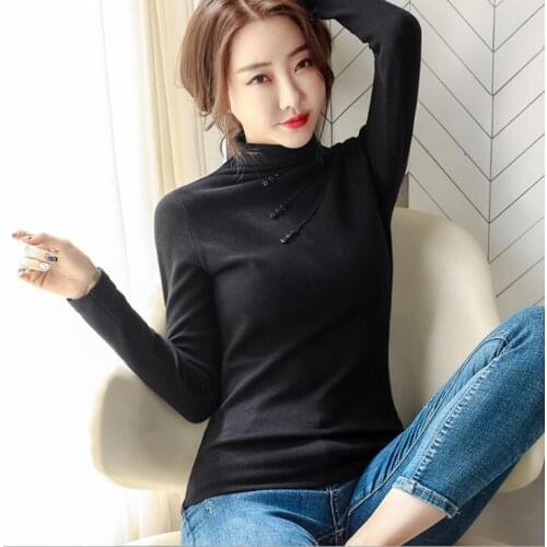 Womens High-neck padded warm long-sleeved top T-shirt Slim Tops