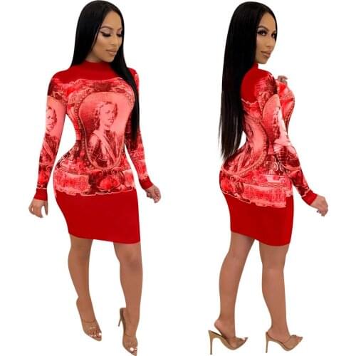 Echoine Womens Positioning Character Printed Dress Long Sleeve Slim Slinky Nightclub Vestido De Mujer Vintage Elegant Clothes
