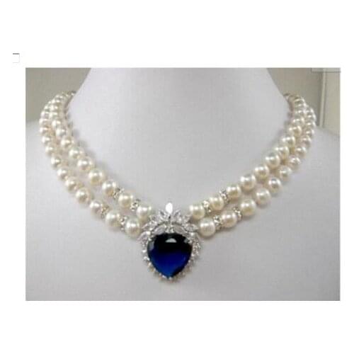 Women jewelry choker anime gem chocker maxi collier natural jewelry 2 row white pearl blue heart crystal Pendant Necklace