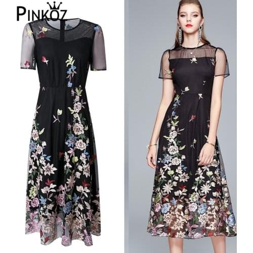 Pinkoz midi dress flower embroidery black patchwork mesh festa floral party designer elegant dress summer vestidos chic za
