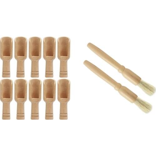2 Pcs Coffee Grinder Cleaning Brush Wood Dusting Brush for Espresso Stations and Equipment & 10PCs Wooden Mini Scoop