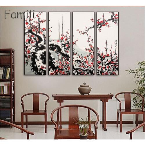 4 Piece Modern Wall Art Home Decor Printed Oil Painting Picture Chinese Plum Blossom Orchid Bamboo Chrysanthemum For Bedroom