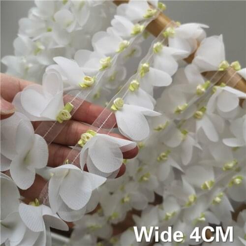4CM Wide Luxury White Chiffon Lace Fabric 3D Applique Guipure Ribbon Trim Garment Bridal Dress Curtains DIY Sewing Accessories