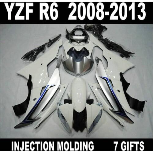 7 Gifts fairings for 2008 2009 2010 - 2013 YAMAHA R6 fairings 08 09 10 11 12 13 YZF R6 silvery white black fairing set JFV75