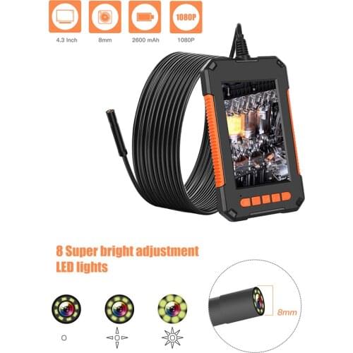8mm Len Hard Cable Endoscope IP67 2/5/10m Snake Tube Camera 4.3" LCD borescope 1080p inspection camera 2600 mAh 8 LED Car Repair