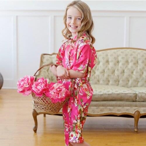 Satin silkFlower Girl Floral Kids Kimono Robe Bridesmaid Bride Robe Wedding Robe Child Nightgown Bathrobe 4/8/12 Size