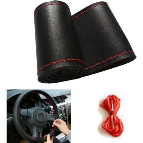 38cm DIY Car Leather Steering Wheel Cover With Needles Thread Black + Red