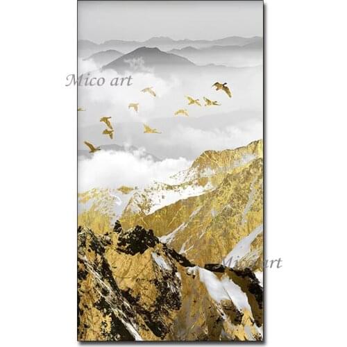 Pure Hand Painted Gold Foil Oil Painting Mountain Landscape Decorative Items Abstract Wall Canvas Art Picture Home Living Room