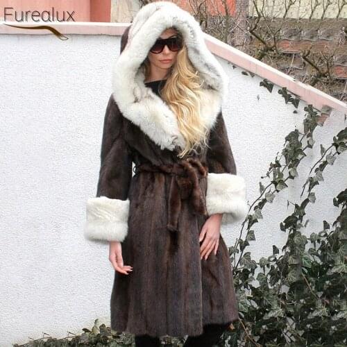 FUREALUX 2021 Dark Coffee Real Mink Fur Coat New Trend Fashion Slim Genuine Fur With Fox Hat Neckline Womens Warm Casual Jacket