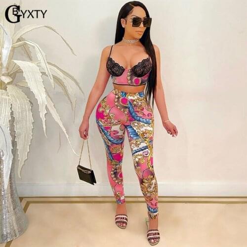 GBYXTY Vintage Print Long Pants Two Piece Set 2021 Summer Women Crop Lace Tops and Skinny Legging Pants 2 Piece Outfits ZL1139