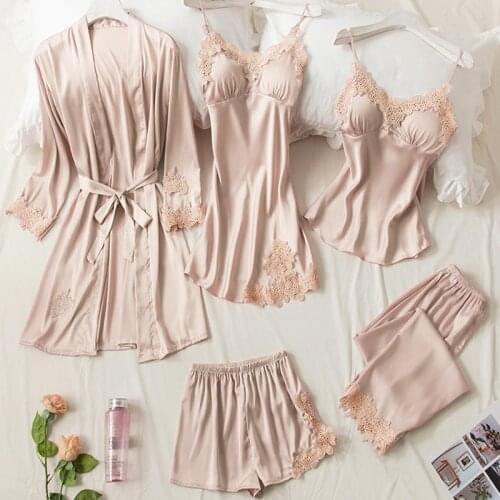 5PCS Pajamas Set Silk Satin Womens Lace Nightwear Spring Strap Pyjamas Suit Female Lounge Sleepwear with Chest Pads Home Wear