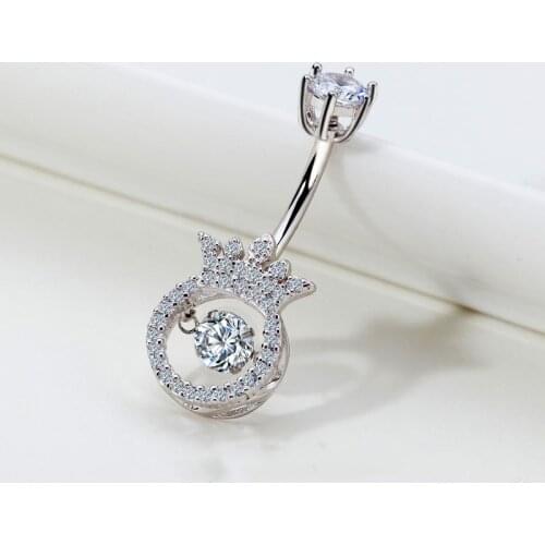 925 Sterling Silver Crown Zircon Long Belly Button Ring Dangle In Bulk Bar Navel-Piercing Women Body Jewelry Party Charming Gift