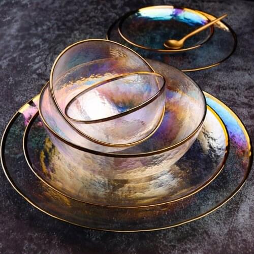 Colorful popular creative Japanese style rainbow ion plated laser pattern transparent glass plate fruit plate bowl set