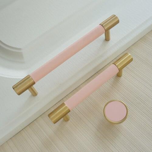3.75" 5" Pink Leather Door Pull Handles Copper Cabinet Knobs Handle Round Cupboard Handle Drawer Handle 96mm 128mm Hardware
