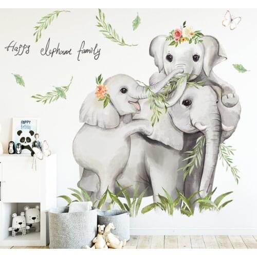 Cartoon Safari Jugle 3 Elephants Family Wall Stickers for Baby Nursery Kids Room Wall Decals PVC Bedroom Home Decor PVC Stickers