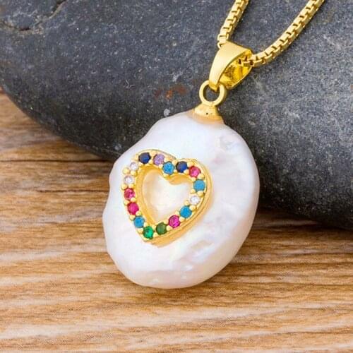 Fashion New Natural Coin Pearl Bead Necklace Heart Rainbow Rhinestone Gold Chain CZ Pendant Choker Necklace Charm Women Jewelry