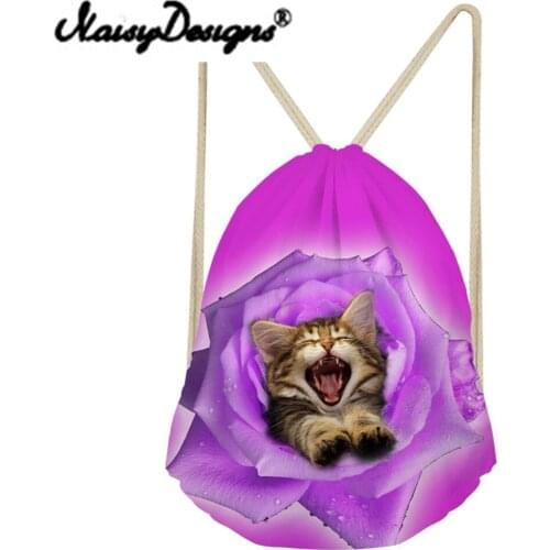 Noisydesigns 3D animals and flowers bobtail Printing Drawstring Pouch Storage Kids Girls School bag Travel Mochila new