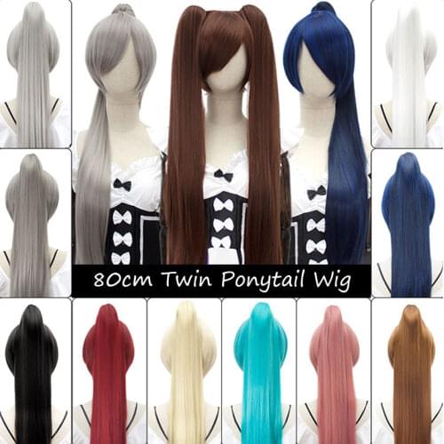 Cosplay Wigs Synthetic Long Straight Twin Ponytail Hair Extension for Women Miku Cosplay Blue Red Pink White Cilp on Hair PAGEUP