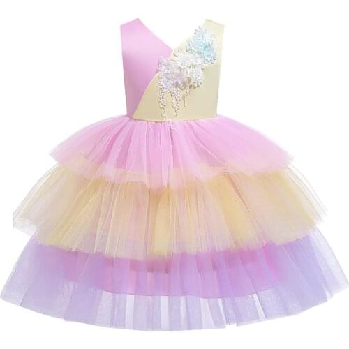 Girl Dress For Christening Color Matching cake Children Clothing Bow Girls Dress Birthday Party Dress Robe Fille Vestido 2-10Yrs