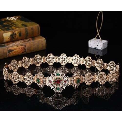 RLOPYA New Wedding Accessories Gold Woman Belts for Dress Arabic Chic Crystal Belt Morocco Designer Bridal Belt with Rhinestone