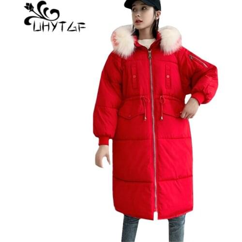 UHYTGF Sale winter coat women loose 2XL plus size Parker female fur collar hooded Snow casual down jacket warm long outerwear274