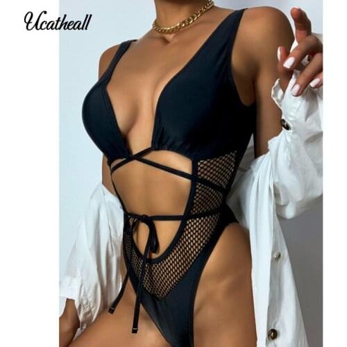 Sexy Summer Swimwear Women Bikini Spaghetti Strap Hollow Out Swimsuit Bathing Suits Beachwear Mesh Net Elastic Bikini Mujer