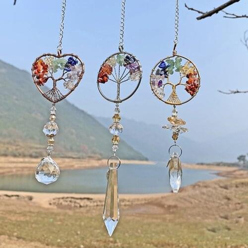 Heart Crystal Tree of Life Suncatcher Healing Natural Stones Hanging Ornament Car Accessories Interior