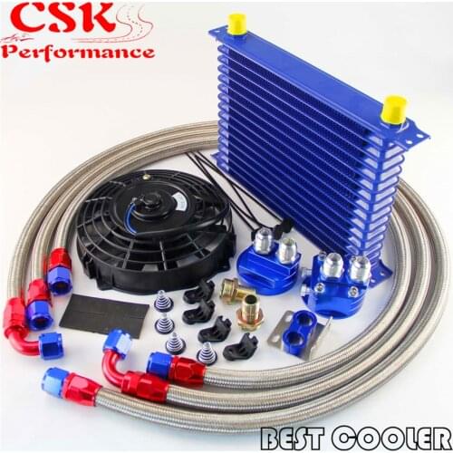 15 Row 10AN Universal Trust Oil Cooler Relocation kit + 7" Electric Fan Blue
