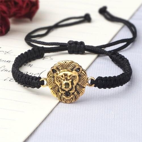 Vintage Lion Head Charm Bracelet Handmade Woven Red Black Knots Rope Adjustable Bracelets&Bangles For Women Men Couple Jewelry