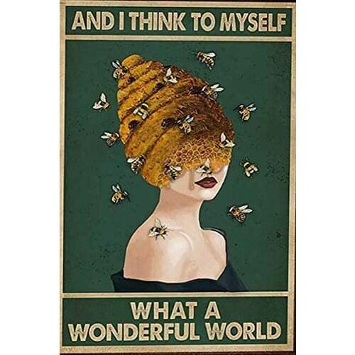 Green What A Wonderful World Bee Lady Metal Tin Sign Retro Flower Animal Plant Metal Tin Sign Wall Hanging