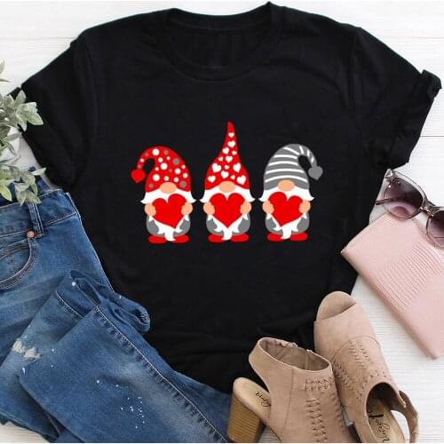 Valentines Day Colored Printed 100%Cotton Womens T Shirt Gnome Heart Spring O-Neck Pullovers Short Sleeve Tops Holiday Tee
