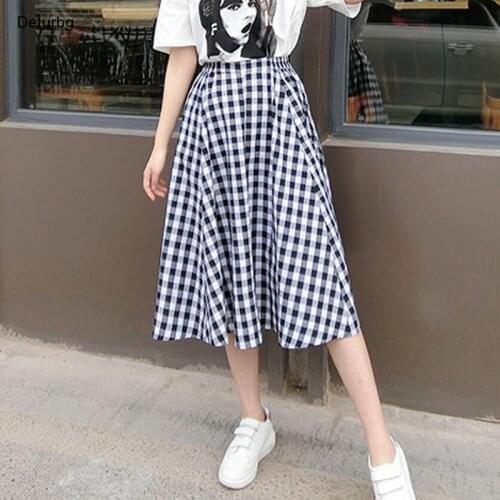 Womens Classic Plaid Pattern Midi Skirt Female Casual High Waist Big Hems Cotton Slim A-line Skirts 2021 Summer Autumn Sk848