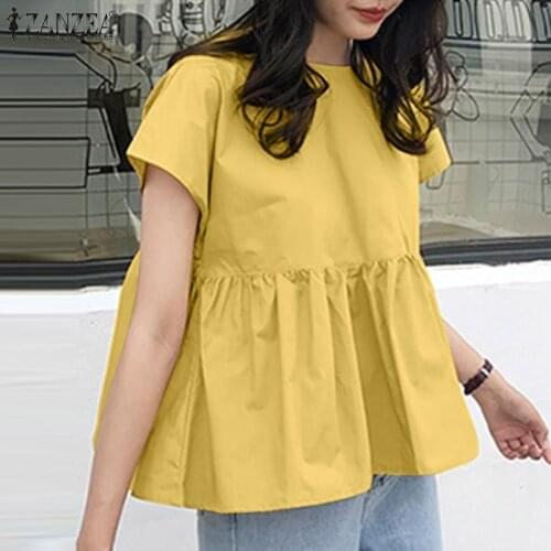 Stylish Peplum Tops Womens Summer Blouses ZANZEA 2021 Casual Short Sleeve Blusas Female Back Bow Tunic Oversized White Chemise