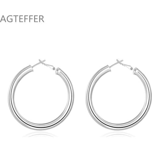 AGTEFFER 925 Sterling Silver 50mm Round Smooth Big Circle Hoop Earrings For Woman Fashion Party Wedding Jewelry Gifts