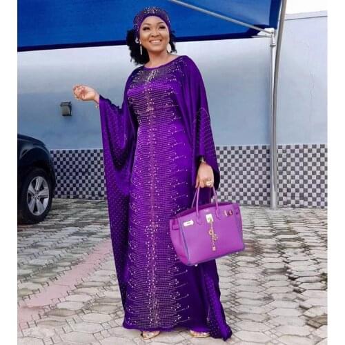 Womens Long Muslim Dress African Womens Dress Hot Diamond Round Neck Wide Bat Sleeve Robe With Turban Dubai Leisure Abaya