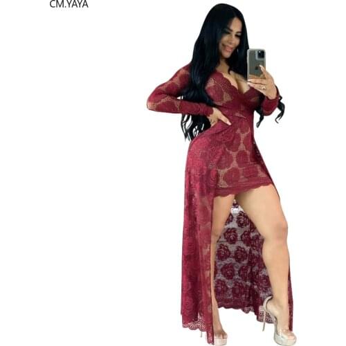 Women Spring Winter Long Maxi Dress 2020 V-Neck Lace Hollow Out Sexy Full Sleeve Night Club Party Bandage Bodycon Dresses GL1248