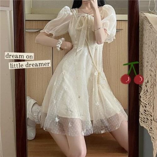 2021 Summer Women Lolita Princess Dress Square Collar Bow Butterfly Embroidery Mesh Dress Puff Sleeve Sweet Fairy Party Dresses