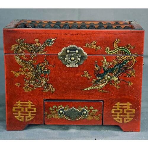 10.2" Old Chinese Wood lacquerware Dynasty Dragon Phoenix abacus Jewelry box